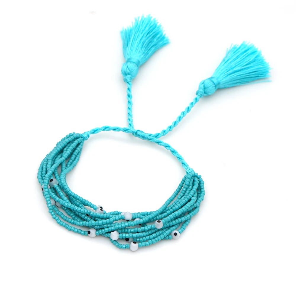 Bracelet mauvais œil bohème été Miyuki pour femmes, bijoux mexicains greque, , perles faites à la main, bijoux à pompons