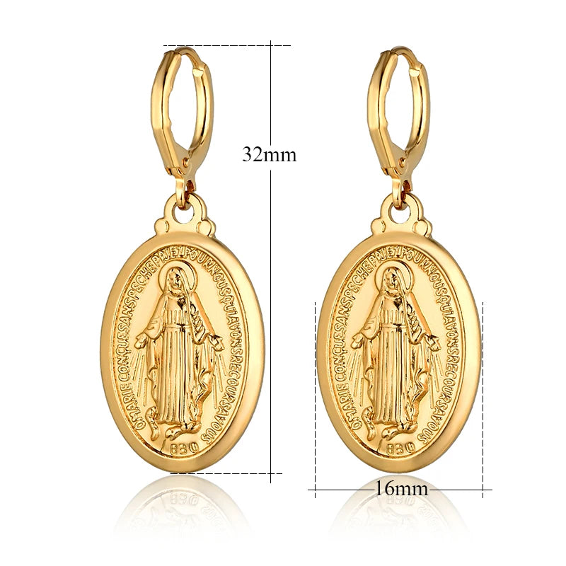 Boucles d'oreilles pendantes en forme de croix de la Vierge Marie, couleur or, pour femmes