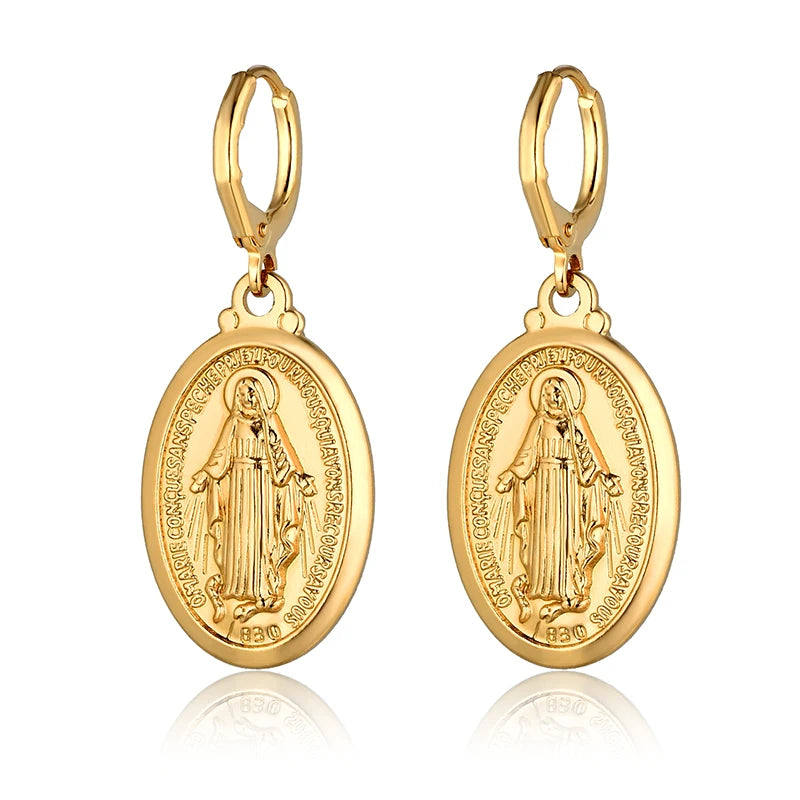 Boucles d'oreilles pendantes en forme de croix de la Vierge Marie, couleur or, pour femmes