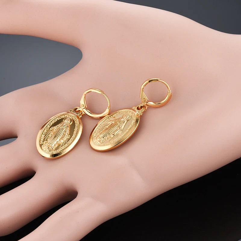 Boucles d'oreilles pendantes en forme de croix de la Vierge Marie, couleur or, pour femmes