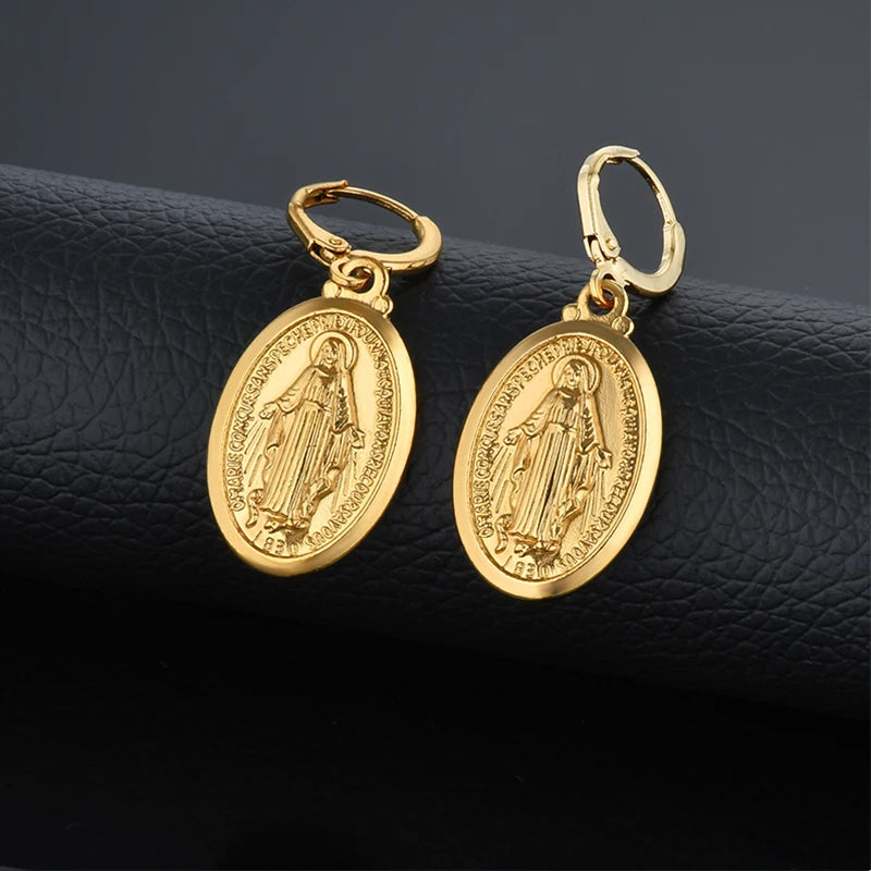 Boucles d'oreilles pendantes en forme de croix de la Vierge Marie, couleur or, pour femmes