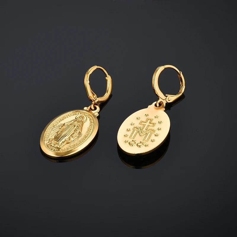 Boucles d'oreilles pendantes en forme de croix de la Vierge Marie, couleur or, pour femmes