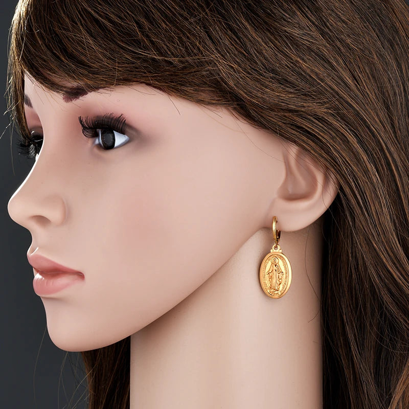 Boucles d'oreilles pendantes en forme de croix de la Vierge Marie, couleur or, pour femmes