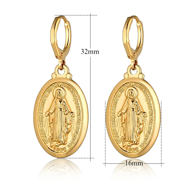Boucles d'oreilles pendantes en forme de croix de la Vierge Marie, couleur or, pour femmes