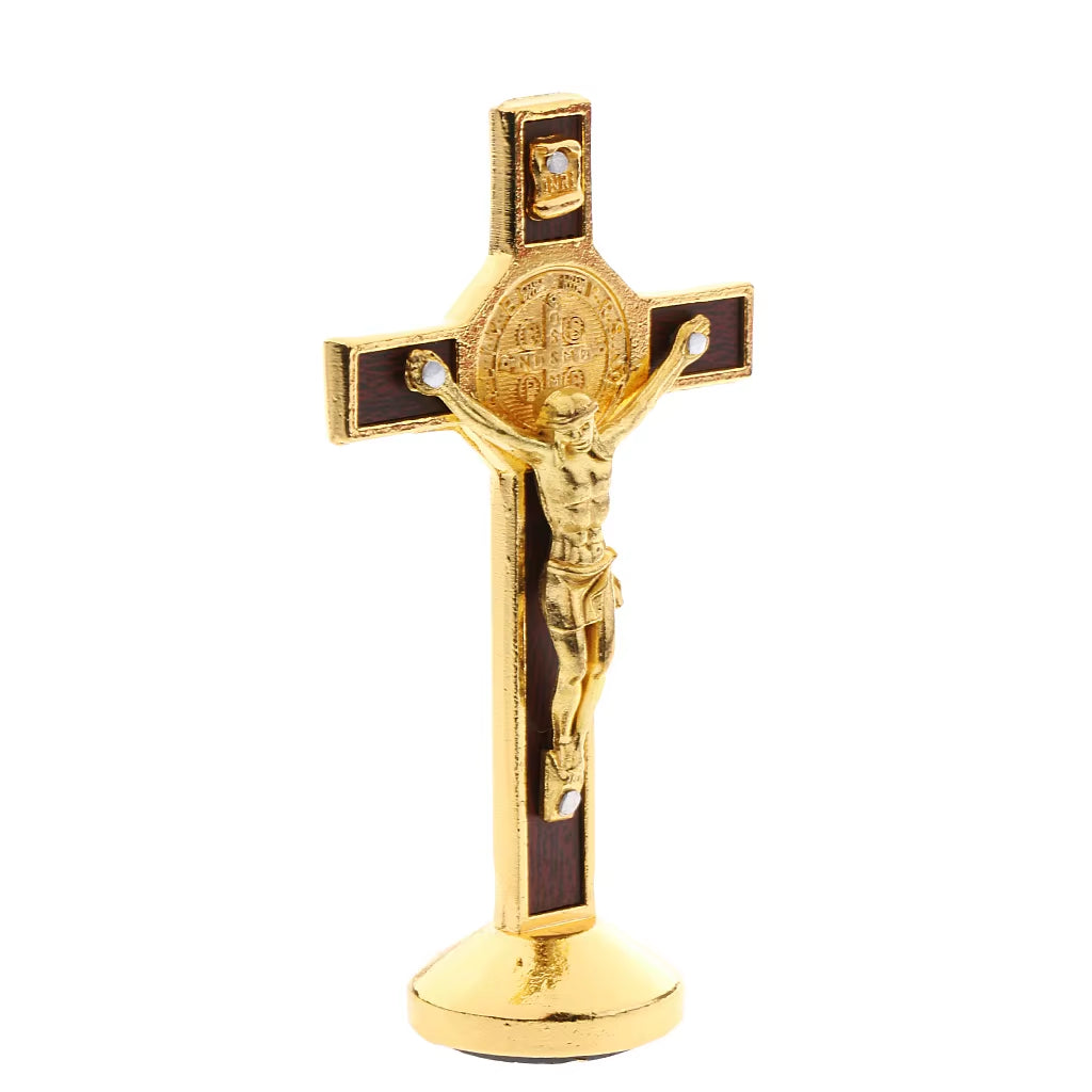 9Cm Metal Crucifix Cross Statue Jesus Christ Model with Sticky Base Christian Crucifix Catholic Home Desktop Decoration