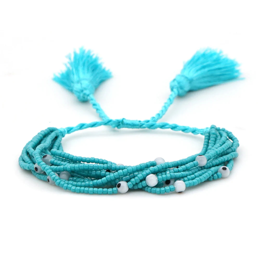 Bracelet mauvais œil bohème été Miyuki pour femmes, bijoux mexicains greque, , perles faites à la main, bijoux à pompons
