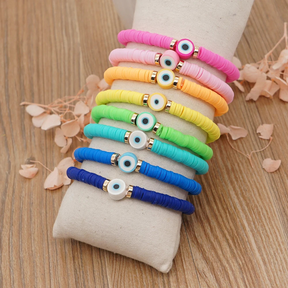Bracelet œil Grèce perles multicolores en argile polymère, pour femme, bijoux d'été 2025