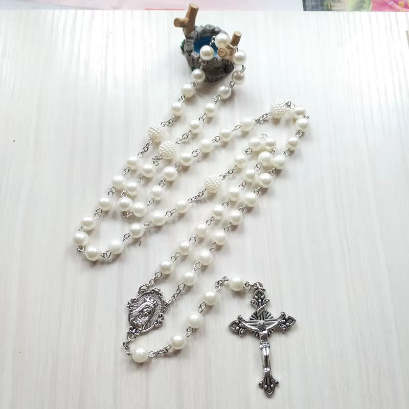 White Acrylic Pearl Long Catholic Necklace Cross Pendant Rosary Necklace Religious Jewelry