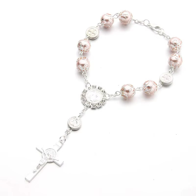 chapelet catholique  perles de verre couleur or rose