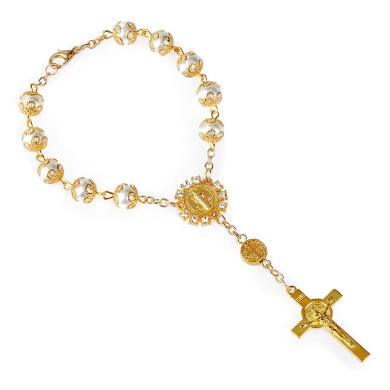  chapelet catholique  perles de verre couleur or rose