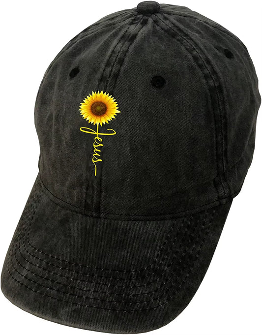 Best Selling Wisedeal Women'S Jesus Sunflower Blessed Baseball Caps Washed Vintage Denim Hat