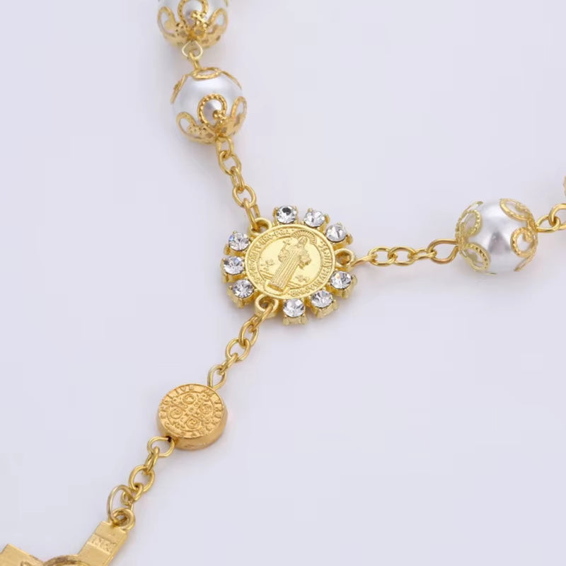  chapelet catholique  perles de verre couleur or rose