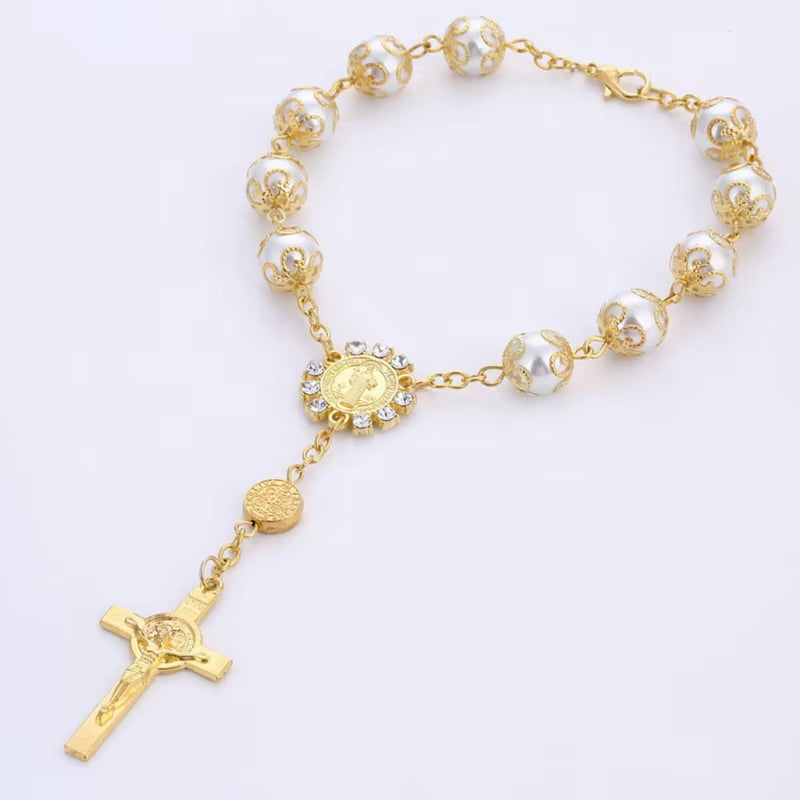  chapelet catholique  perles de verre couleur or rose