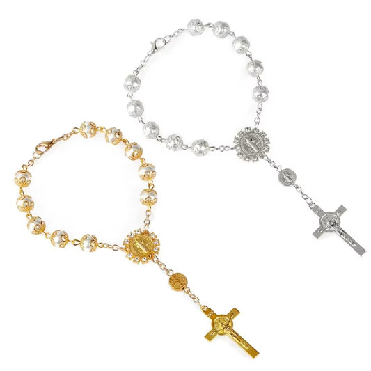  chapelet catholique  perles de verre couleur or rose