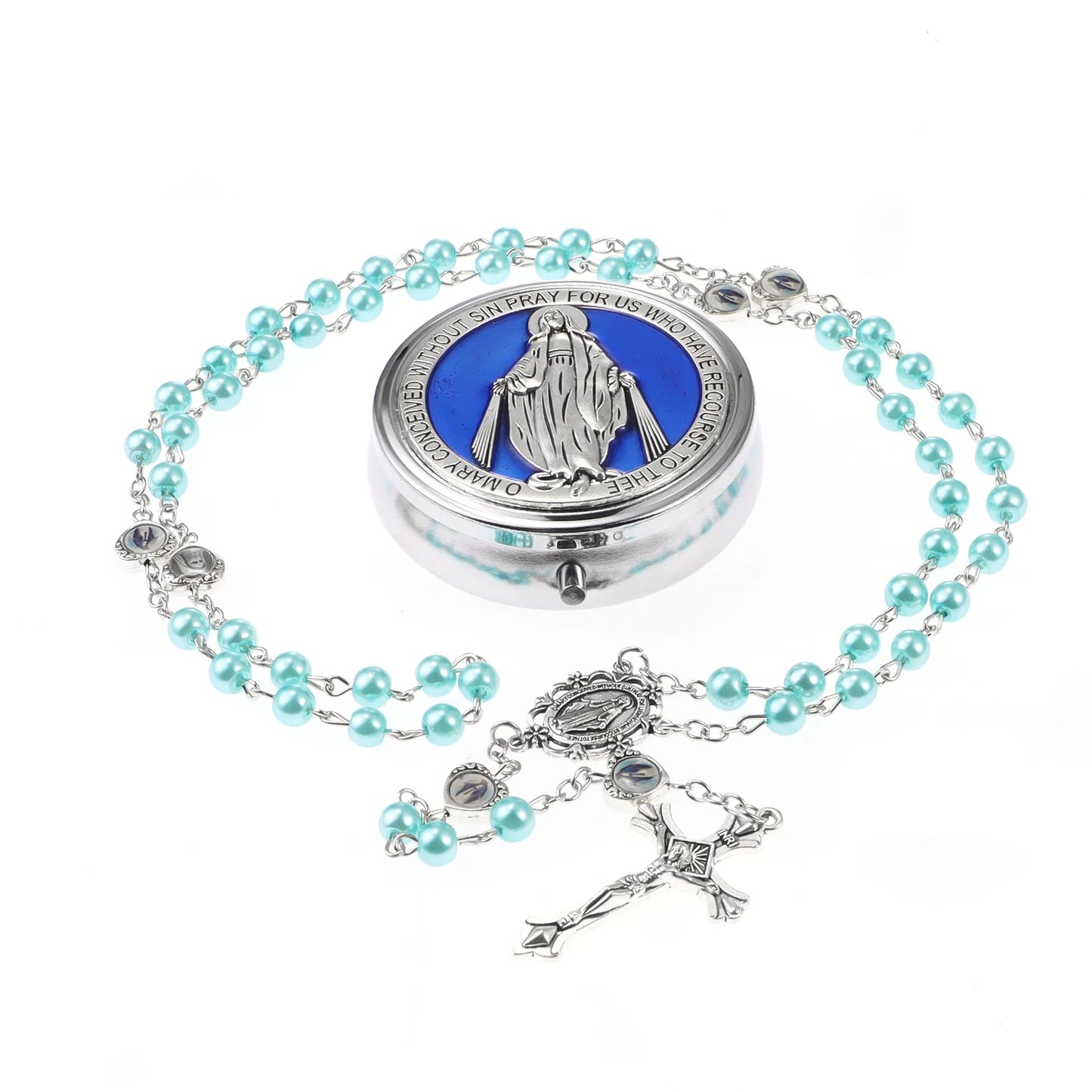Chapelet avec boîte miroir, collier de perles de prière catholiques avec boîte à bijoux