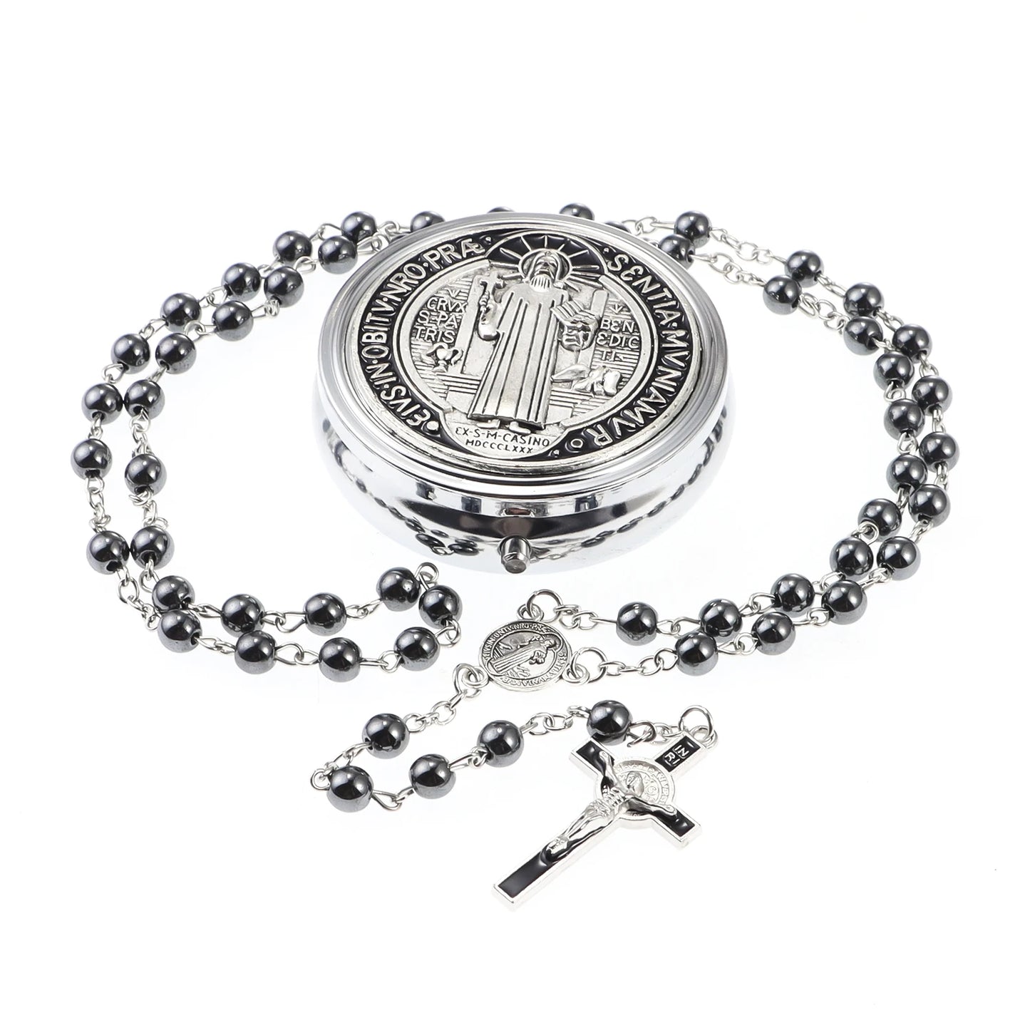 Chapelet avec boîte miroir, collier de perles de prière catholiques avec boîte à bijoux