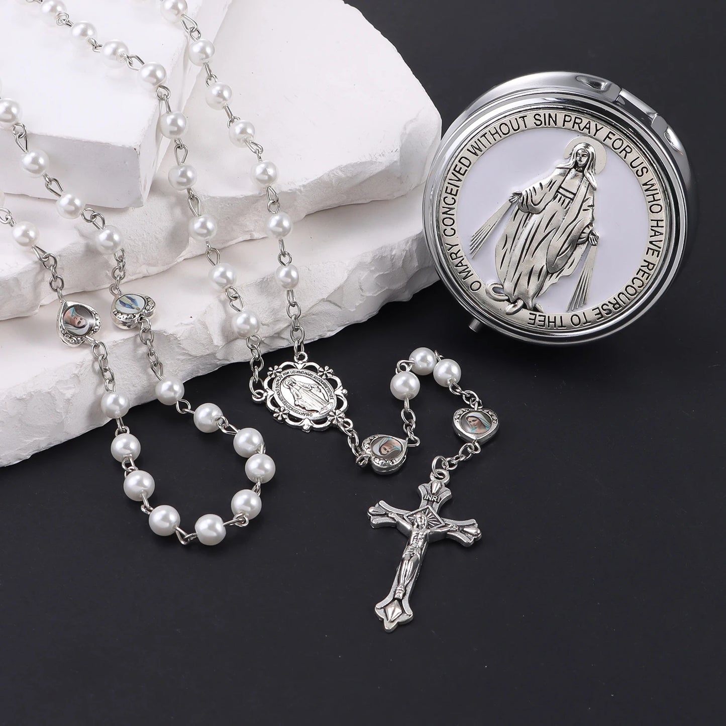 Chapelet avec boîte miroir, collier de perles de prière catholiques avec boîte à bijoux