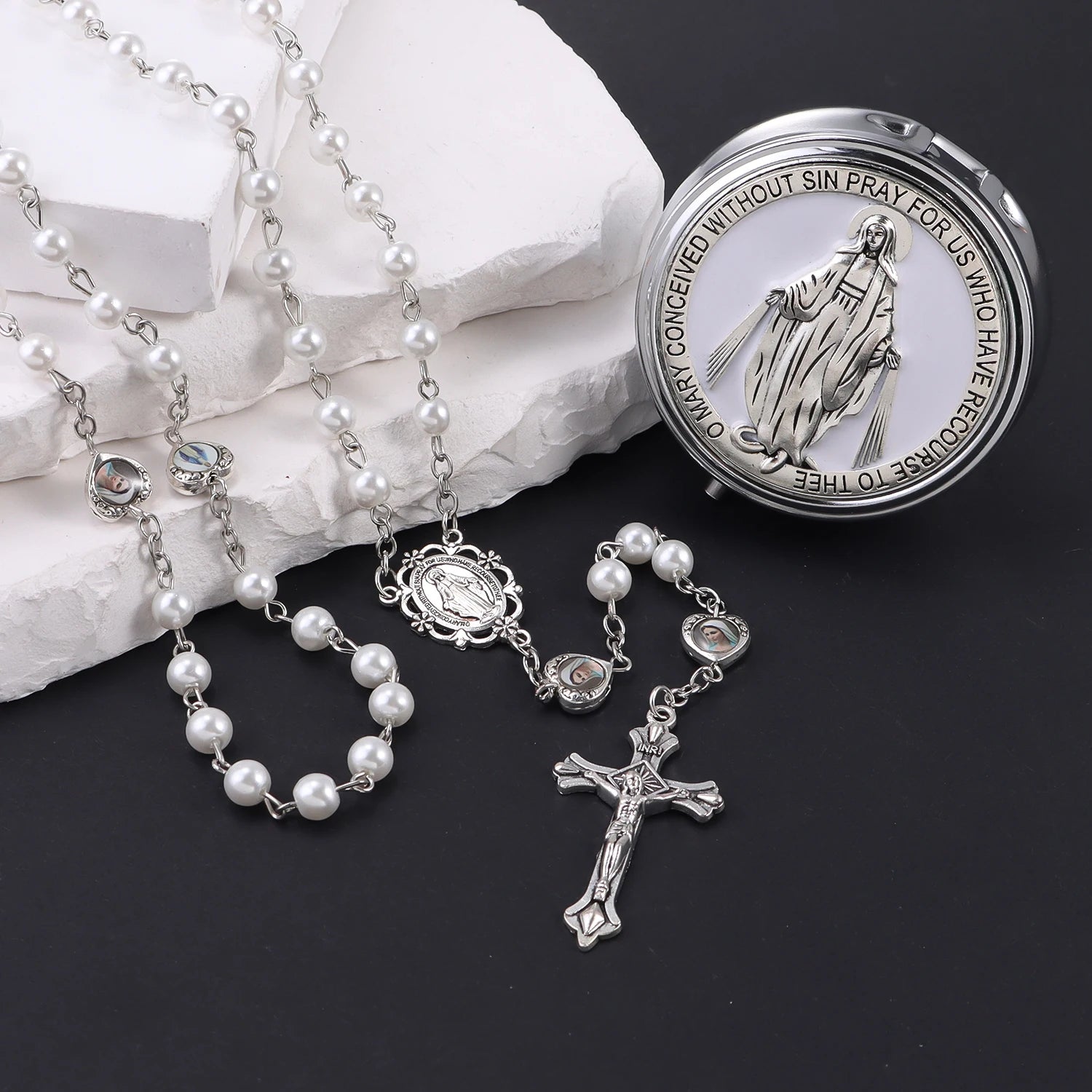 Chapelet avec boîte miroir, collier de perles de prière catholiques avec boîte à bijoux