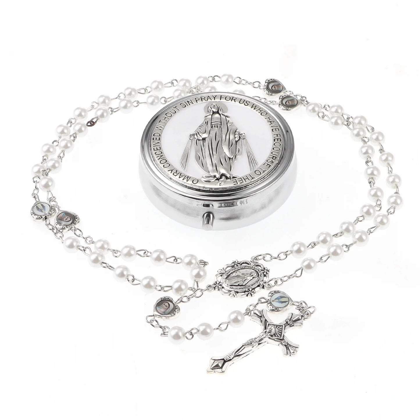 Chapelet avec boîte miroir, collier de perles de prière catholiques avec boîte à bijoux