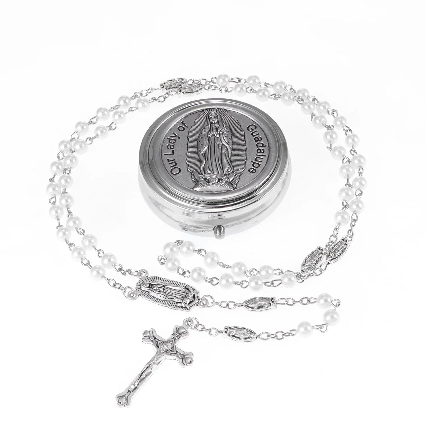 Chapelet avec boîte miroir, collier de perles de prière catholiques avec boîte à bijoux