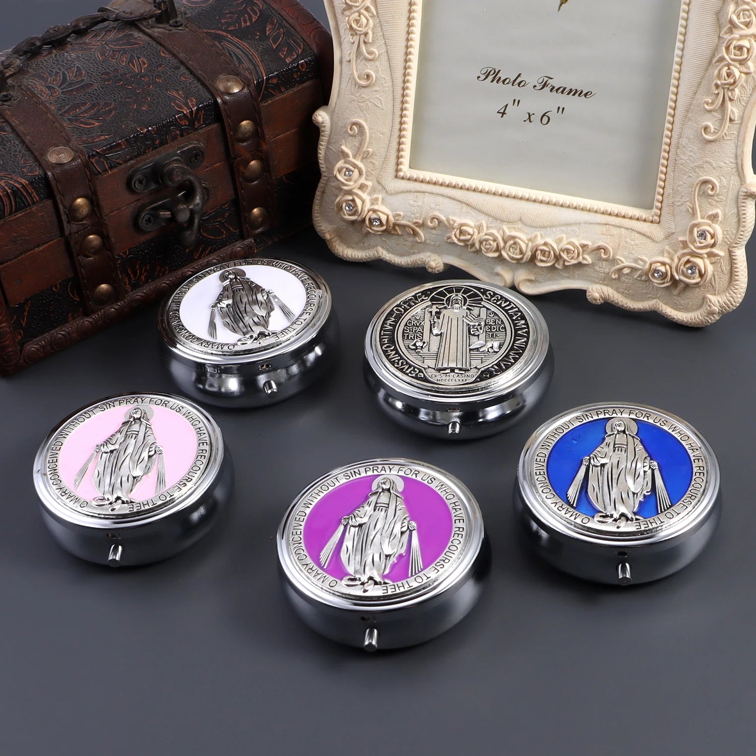 Chapelet avec boîte miroir, collier de perles de prière catholiques avec boîte à bijoux