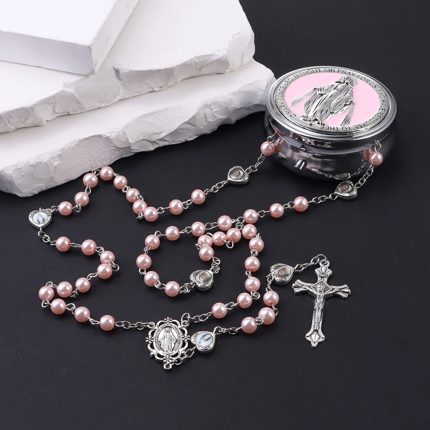 Chapelet avec boîte miroir, collier de perles de prière catholiques avec boîte à bijoux