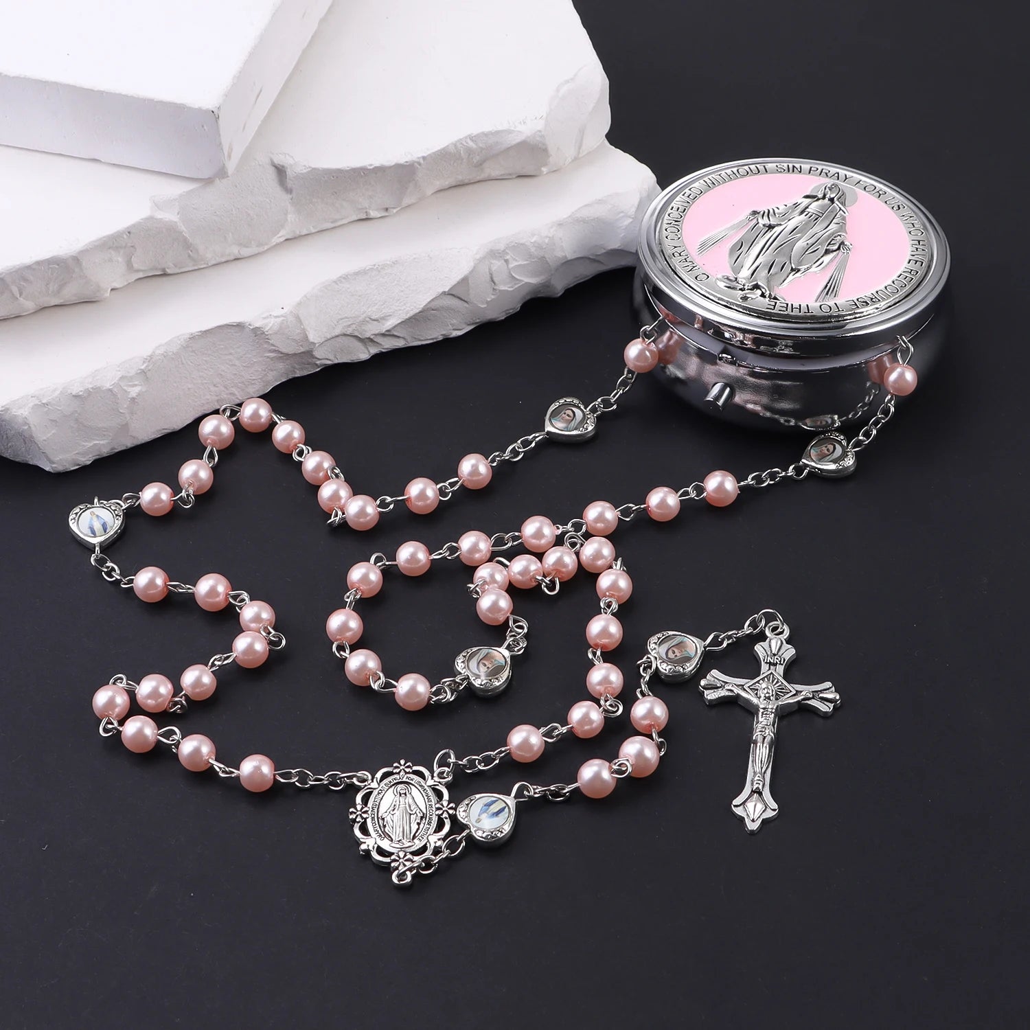 Chapelet avec boîte miroir, collier de perles de prière catholiques avec boîte à bijoux