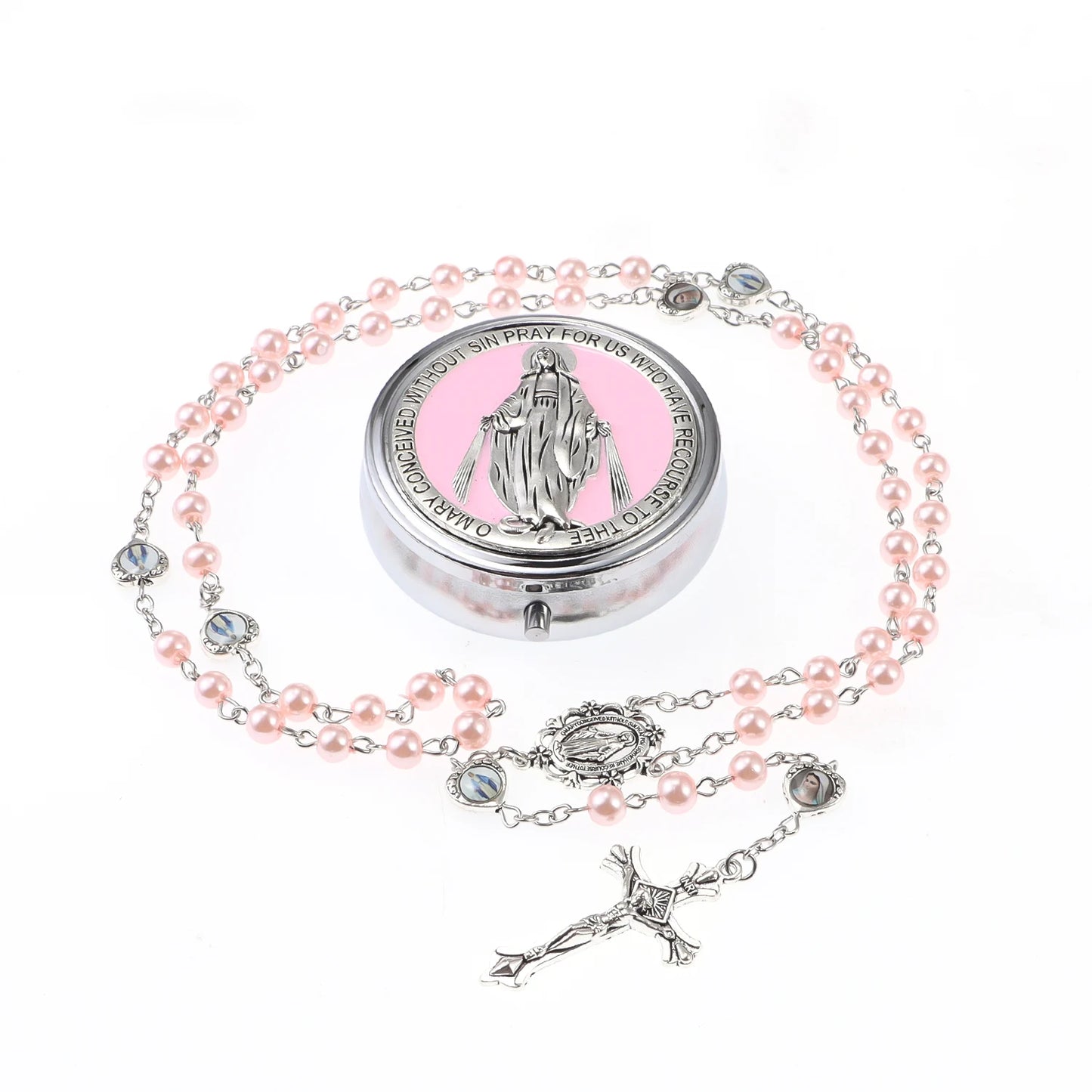 Chapelet avec boîte miroir, collier de perles de prière catholiques avec boîte à bijoux