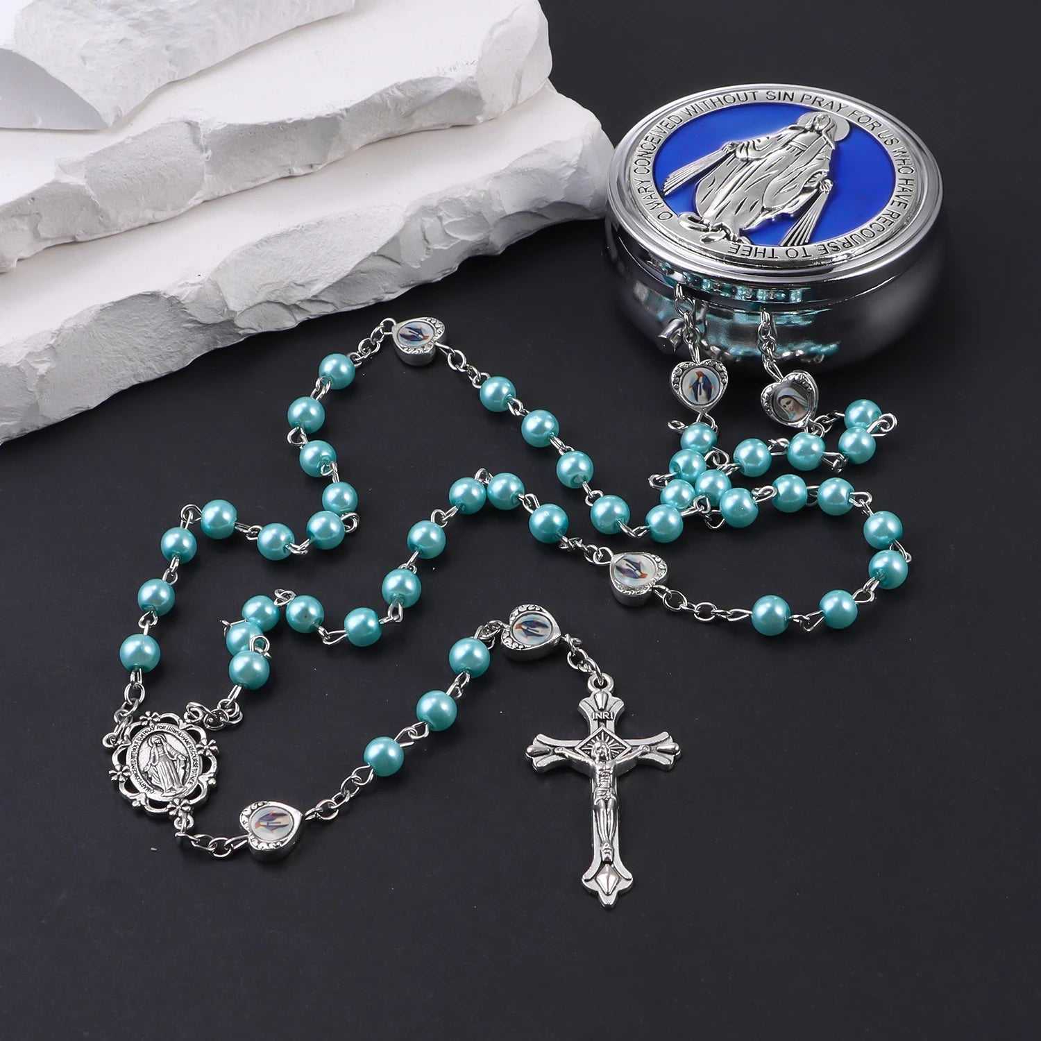 Chapelet avec boîte miroir, collier de perles de prière catholiques avec boîte à bijoux