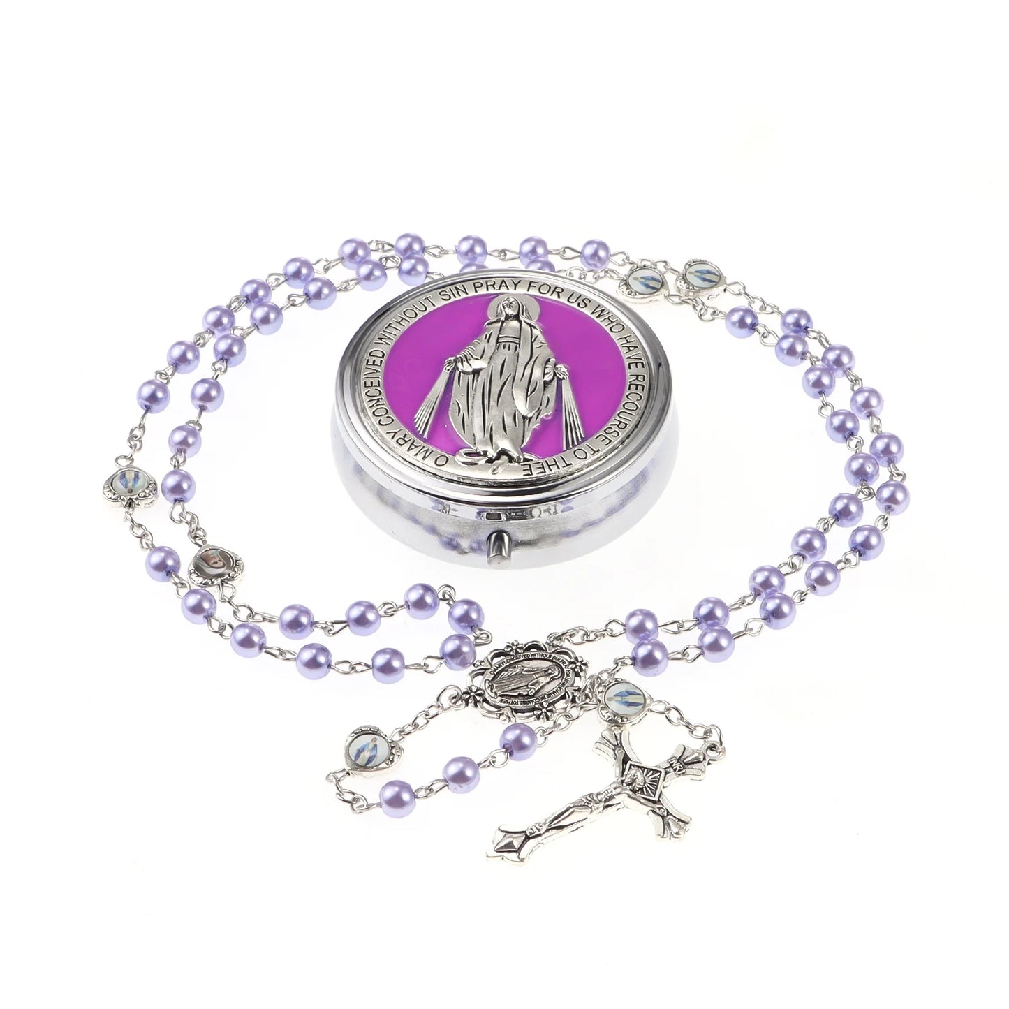 Chapelet avec boîte miroir, collier de perles de prière catholiques avec boîte à bijoux