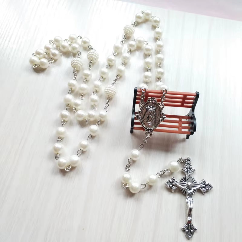 White Acrylic Pearl Long Catholic Necklace Cross Pendant Rosary Necklace Religious Jewelry