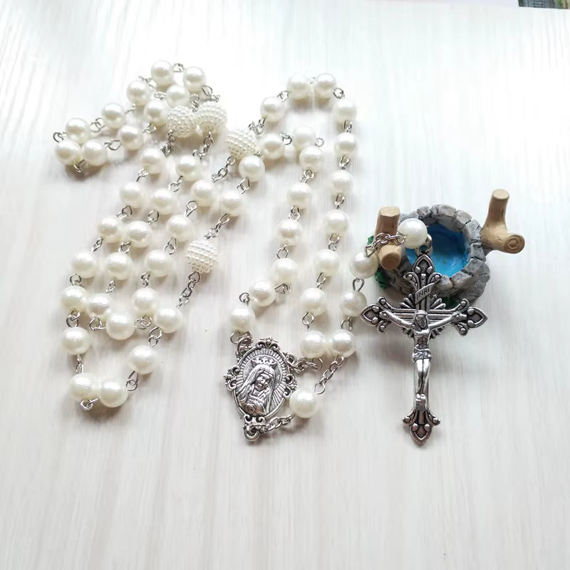White Acrylic Pearl Long Catholic Necklace Cross Pendant Rosary Necklace Religious Jewelry