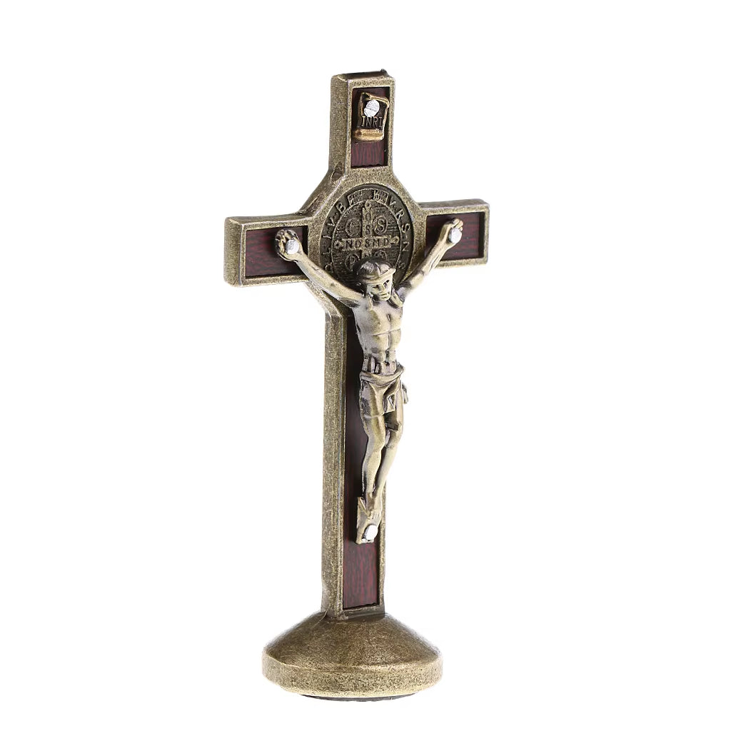 9Cm Metal Crucifix Cross Statue Jesus Christ Model with Sticky Base Christian Crucifix Catholic Home Desktop Decoration