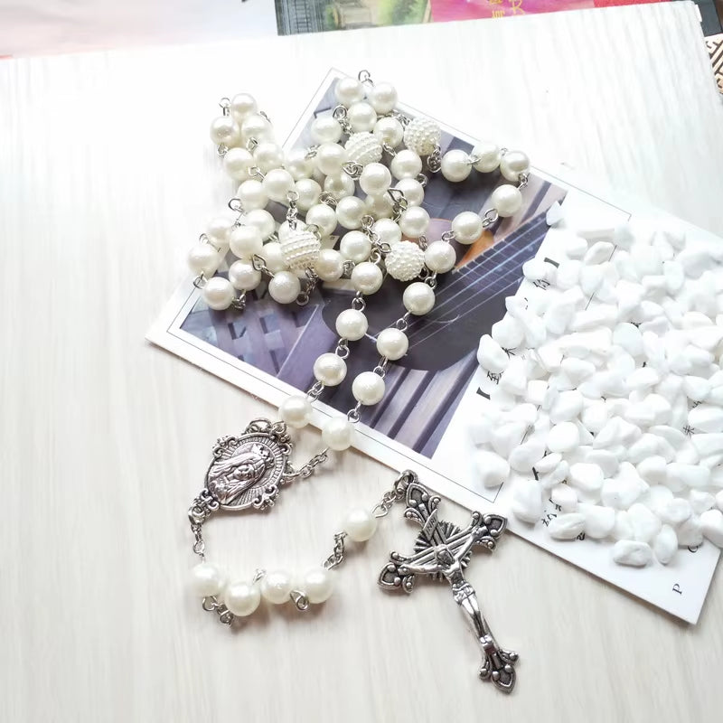 White Acrylic Pearl Long Catholic Necklace Cross Pendant Rosary Necklace Religious Jewelry